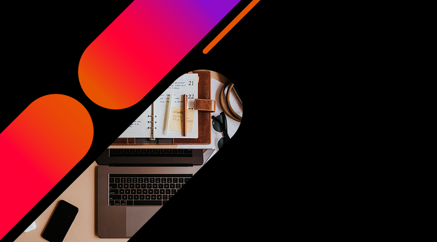 Laptop and planner on a desk framed by colorful graphic elements.