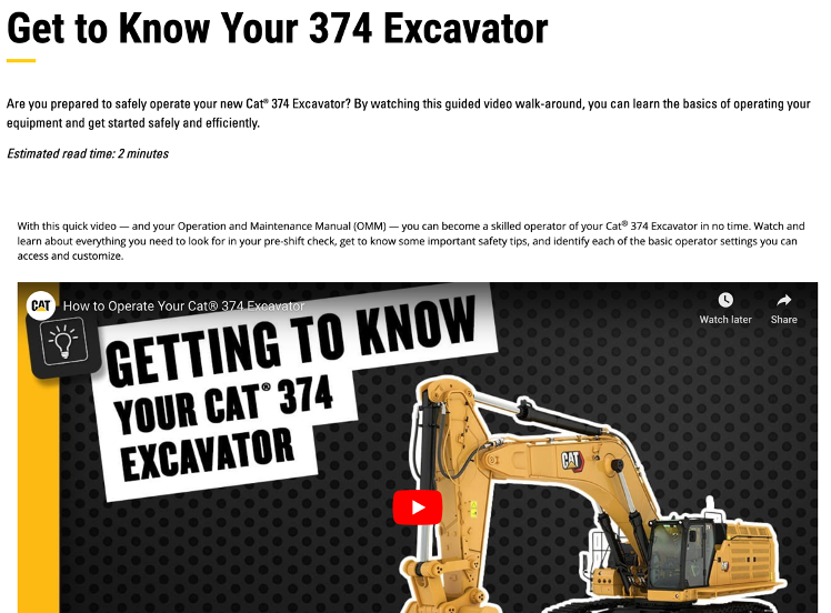 Screenshot of a web article, which includes a video about the Cat 374 Hydraulic Excavator