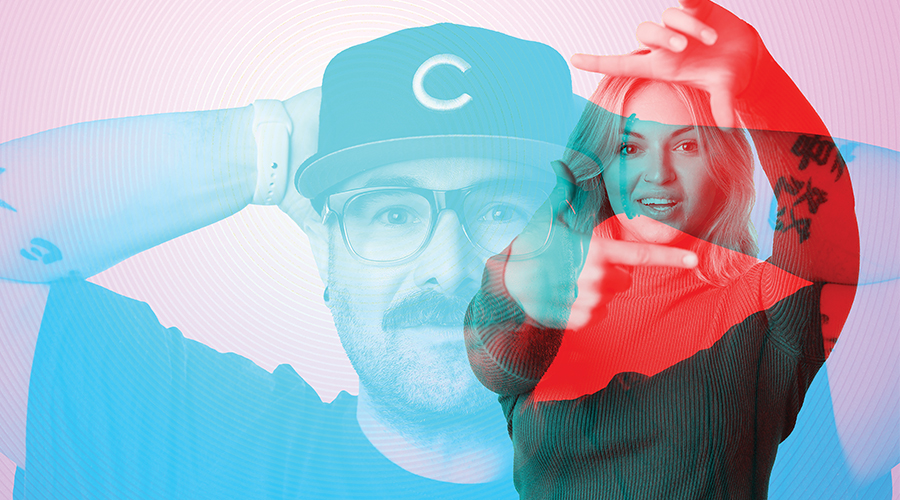 Stylized overlapping portraits representing social content.