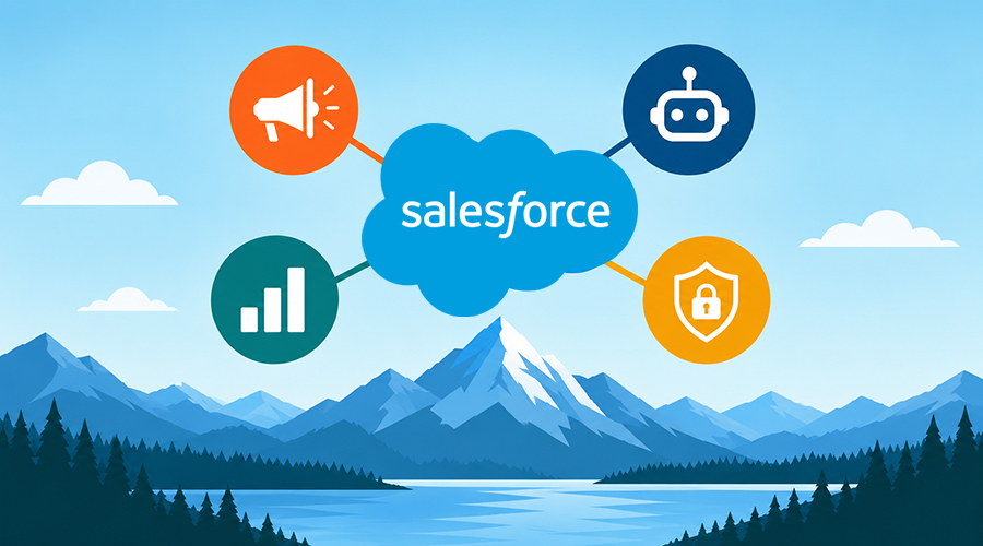 Salesforce Summer ’26 graphic illustrating connected AI, marketing, analytics and security capabilities.