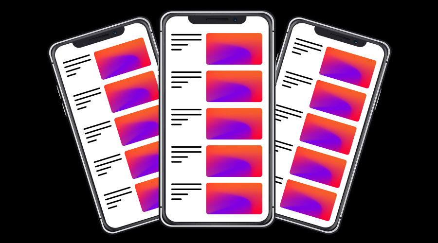 Mobile phones displaying social media content feeds.