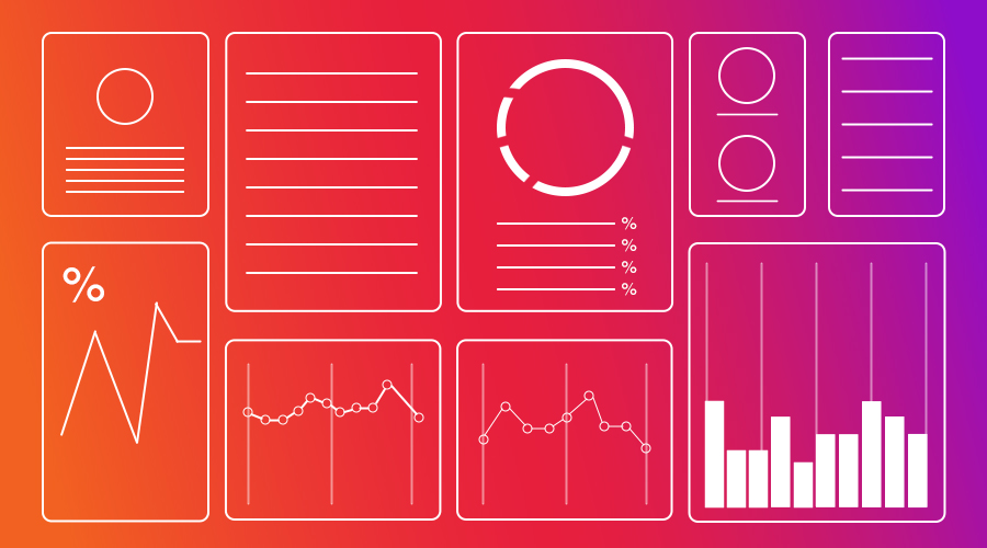 Illustration of dashboards with charts, graphs and data visualizations.