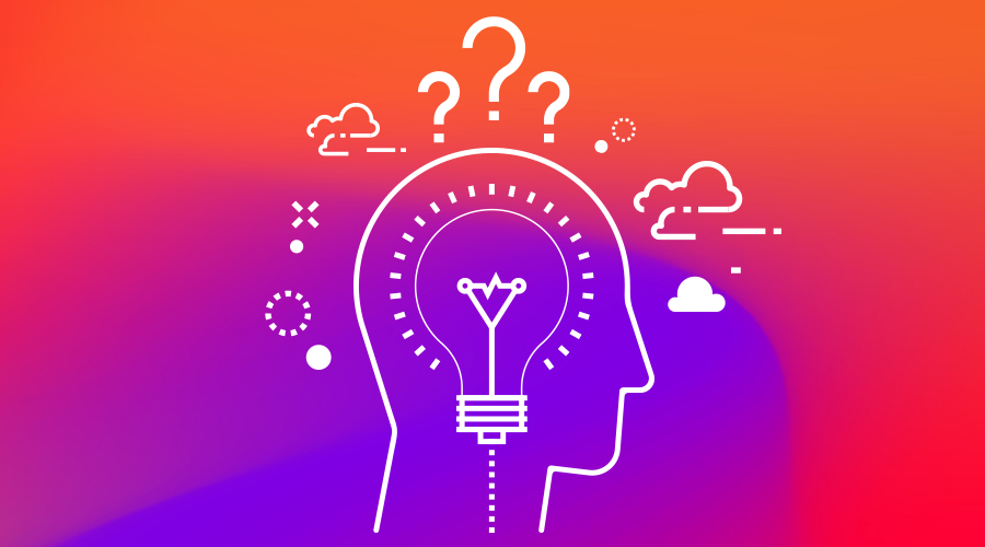 Illustration of a head with a lightbulb and question marks representing ideas and problem-solving.