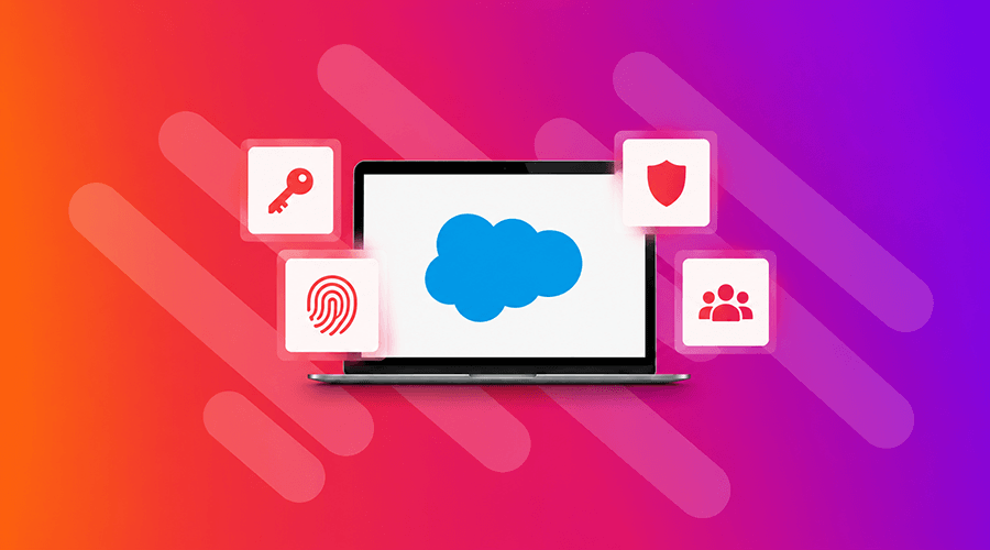 Salesforce logo on a laptop surrounded by data security icons.