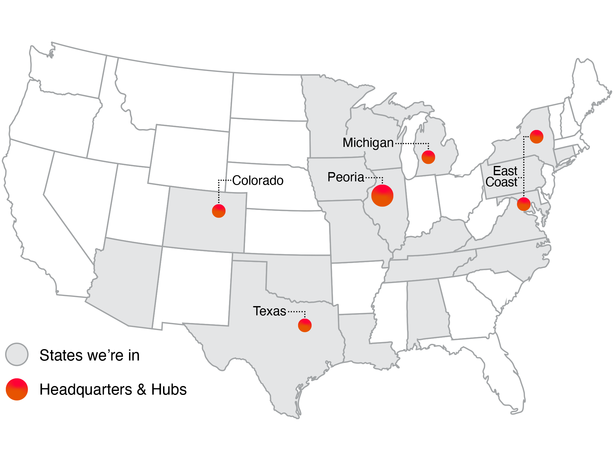 A map highlighting states where simantel employees work