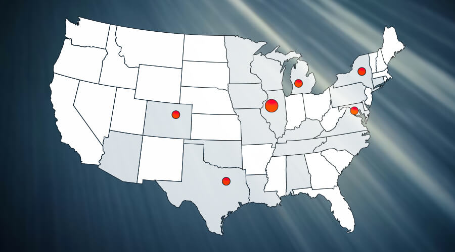 Map highlighting Simantel’s headquarters and regional hubs across the U.S.
