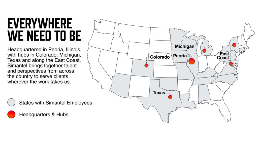 Map highlighting Simantel’s Peoria headquarters and regional hubs across the U.S.