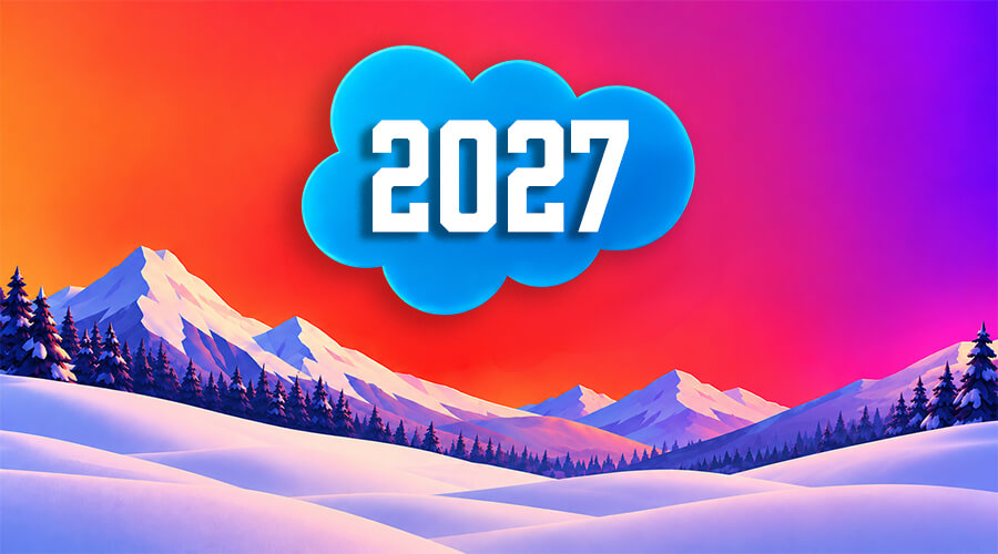2027 graphic over a colorful snowy mountain landscape.