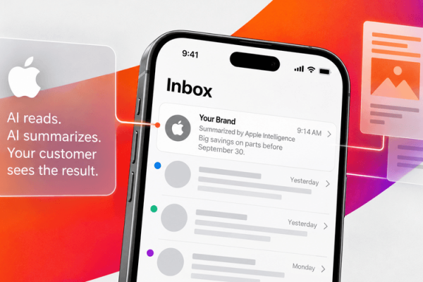 iPhone inbox showing an AI-generated email summary, illustrating how Apple Intelligence changes what customers see from marketing emails.
