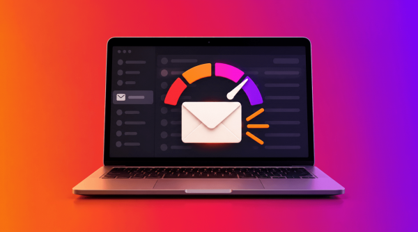 Laptop displaying an email icon and colorful gauge graphic.