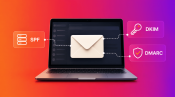 Laptop displaying an email icon with SPF, DKIM and DMARC email security symbols.