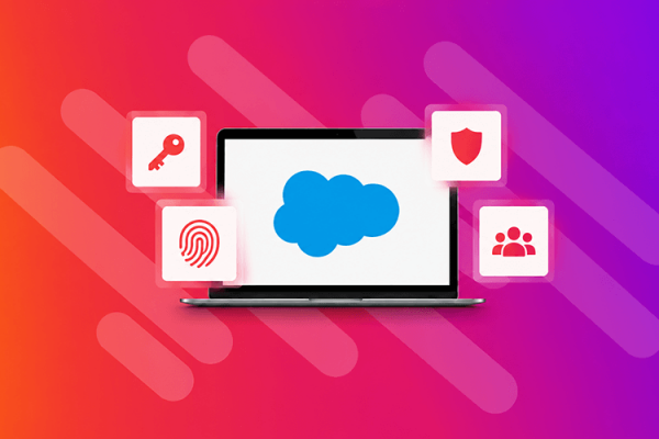 Salesforce logo on a laptop surrounded by data security icons.